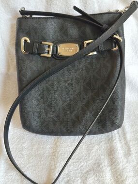 Michael Kors Hamilton Monogram Black Leather Crossbody with Gold Accents